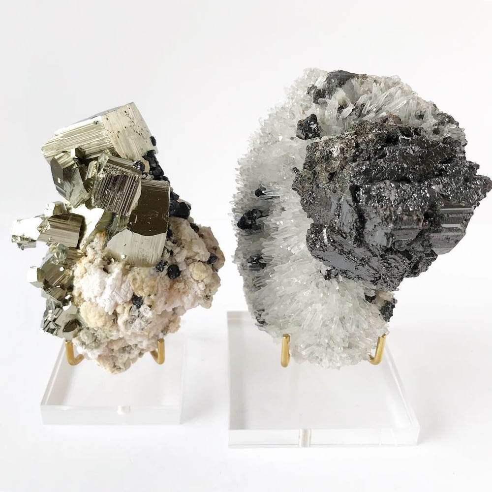 Image of Pyrite/Sphalerite/Pink Mangano Calcite no.03 Stardust Collection Lucite Pairing