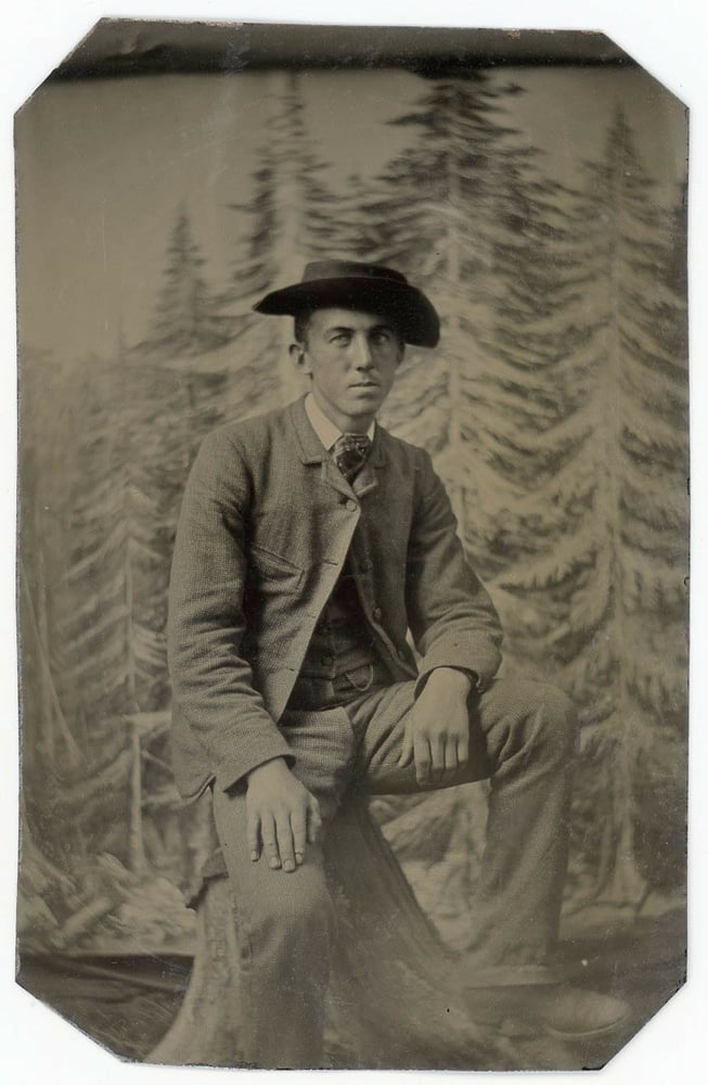 Image of Tintype of a young man, unusual backdrop, ca. 1865