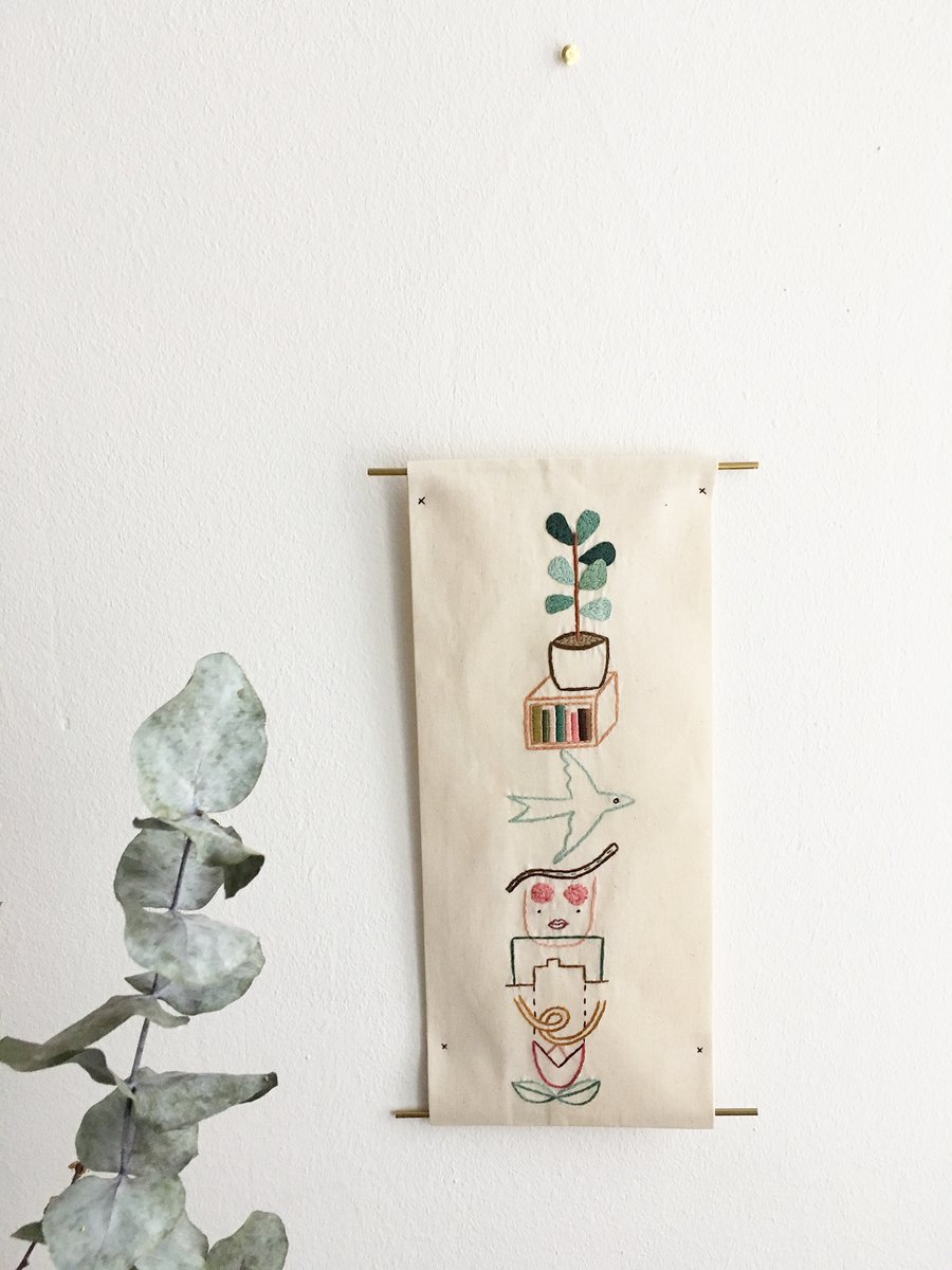 Image of Visual diaries vol.8 - Hand embroidered wall tapestry, embroidery on unbleached cotton, brass frames