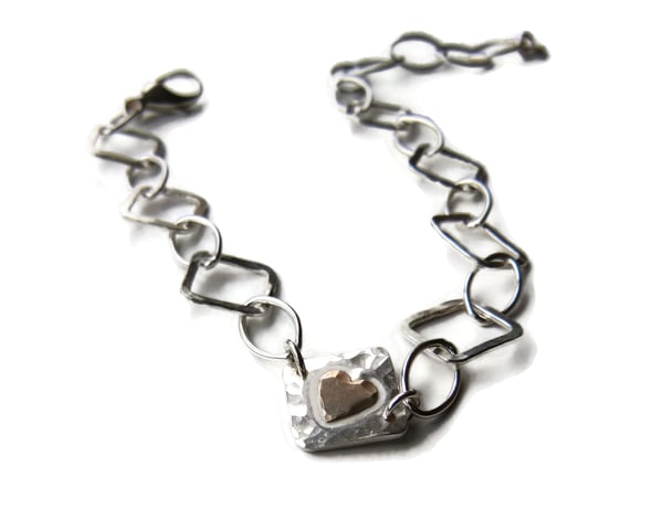 Image of Silver square hammered bracelet with gold heart
