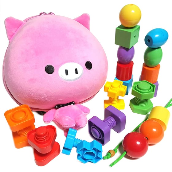 Image of Pink Pig Backpack with Jumbo Stringing Beads & Nuts and Bolts for Kids