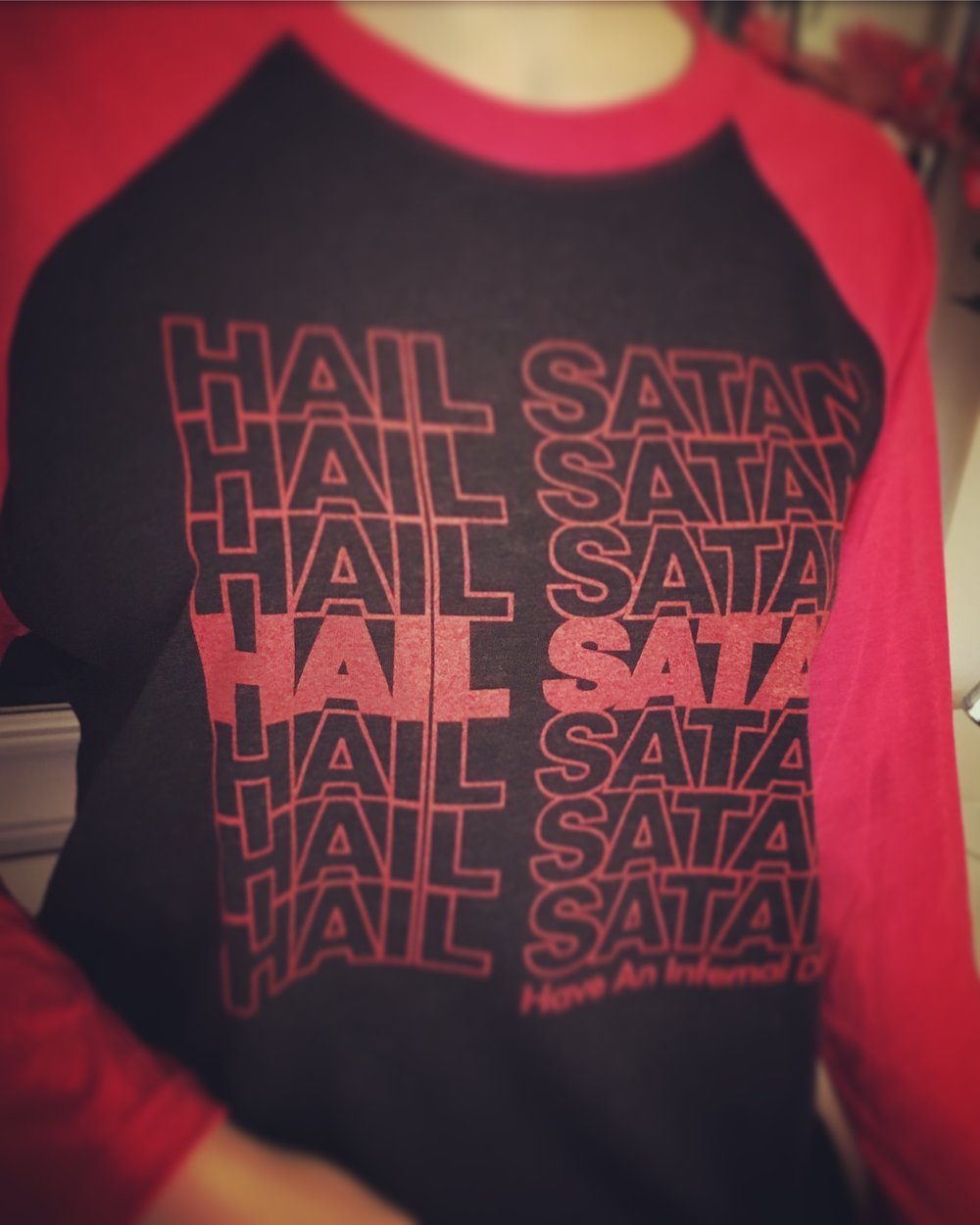 “Hail Satan” 3/4 Sleeve Raglan Tee - Black w/ Red Sleeves