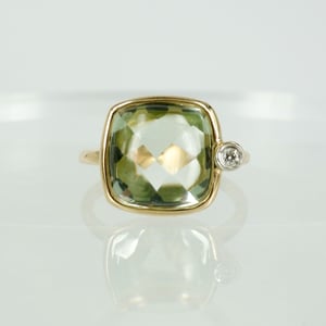 Image of 14ct yellow gold green Amethyst and diamond dress ring 