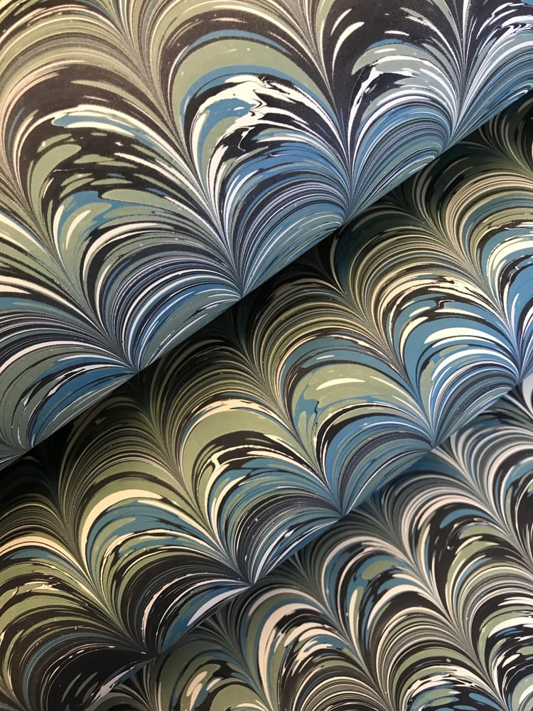 Image of Marbled Paper #20 'Large Nonpareil' green marbled paper 
