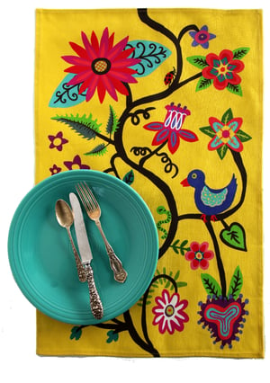 Image of Bright Yellow Bird and Flower Folkloric Tea Towel - FREE SHIPPING