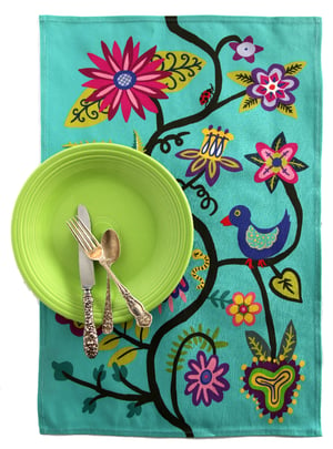 Image of Turquoise Bird and Flowers Folkloric Tea Towel - FREE SHIPPING