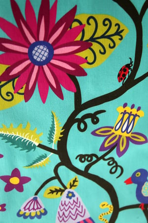 Image of Turquoise Bird and Flowers Folkloric Tea Towel - FREE SHIPPING