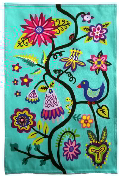 Image of Turquoise Bird and Flowers Folkloric Tea Towel - FREE SHIPPING