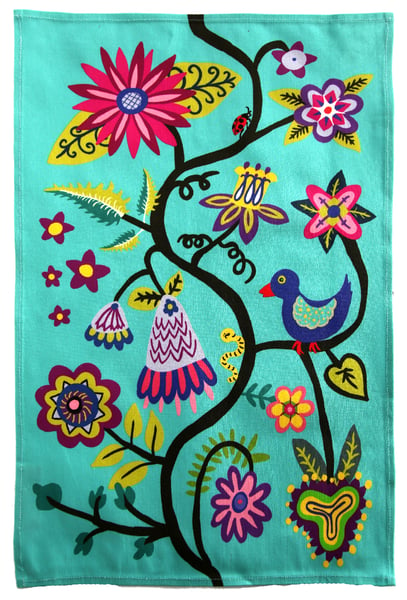 Image of Turquoise Bird and Flowers Folkloric Tea Towel - FREE SHIPPING