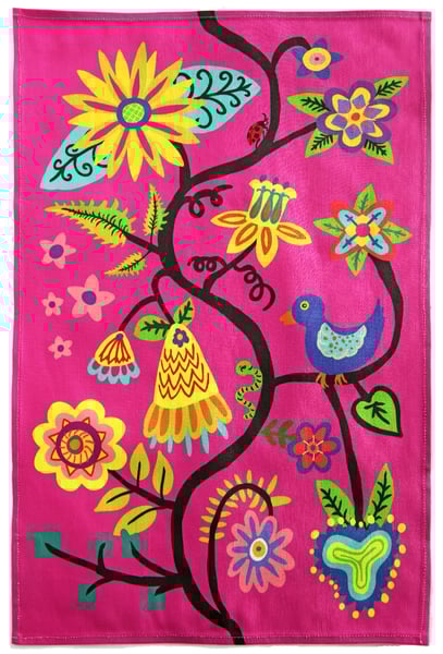 Image of Hot Pink Bird and Flowers Folkloric Tea Towel - FREE SHIPPING