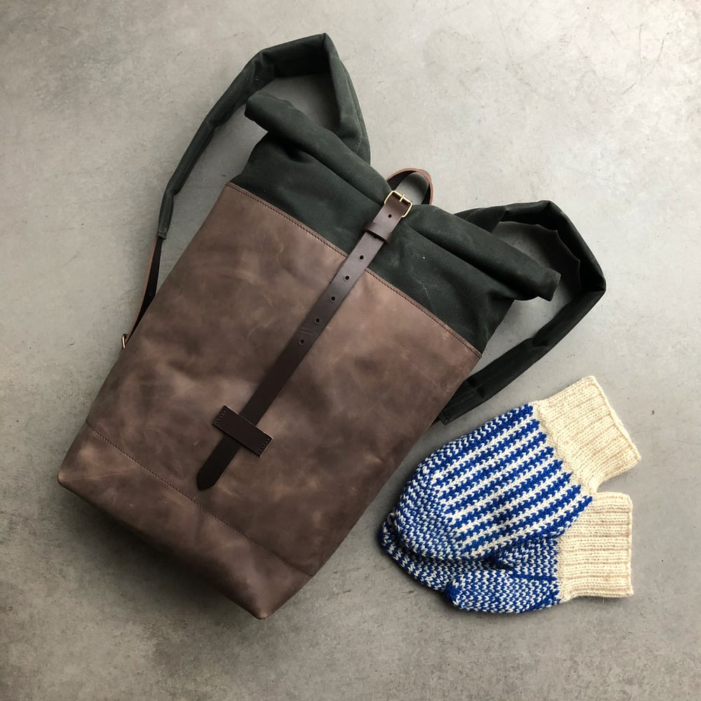 Image of Medium size, leather and waxed canvas backpack, with padded shoulder straps