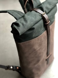 Image 2 of Medium size, leather and waxed canvas backpack, with padded shoulder straps