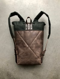 Image 4 of Medium size, leather and waxed canvas backpack, with padded shoulder straps