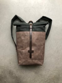 Image 5 of Medium size, leather and waxed canvas backpack, with padded shoulder straps