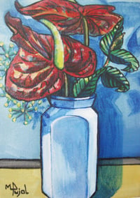 Image 1 of Red Anthuriums in a white vase