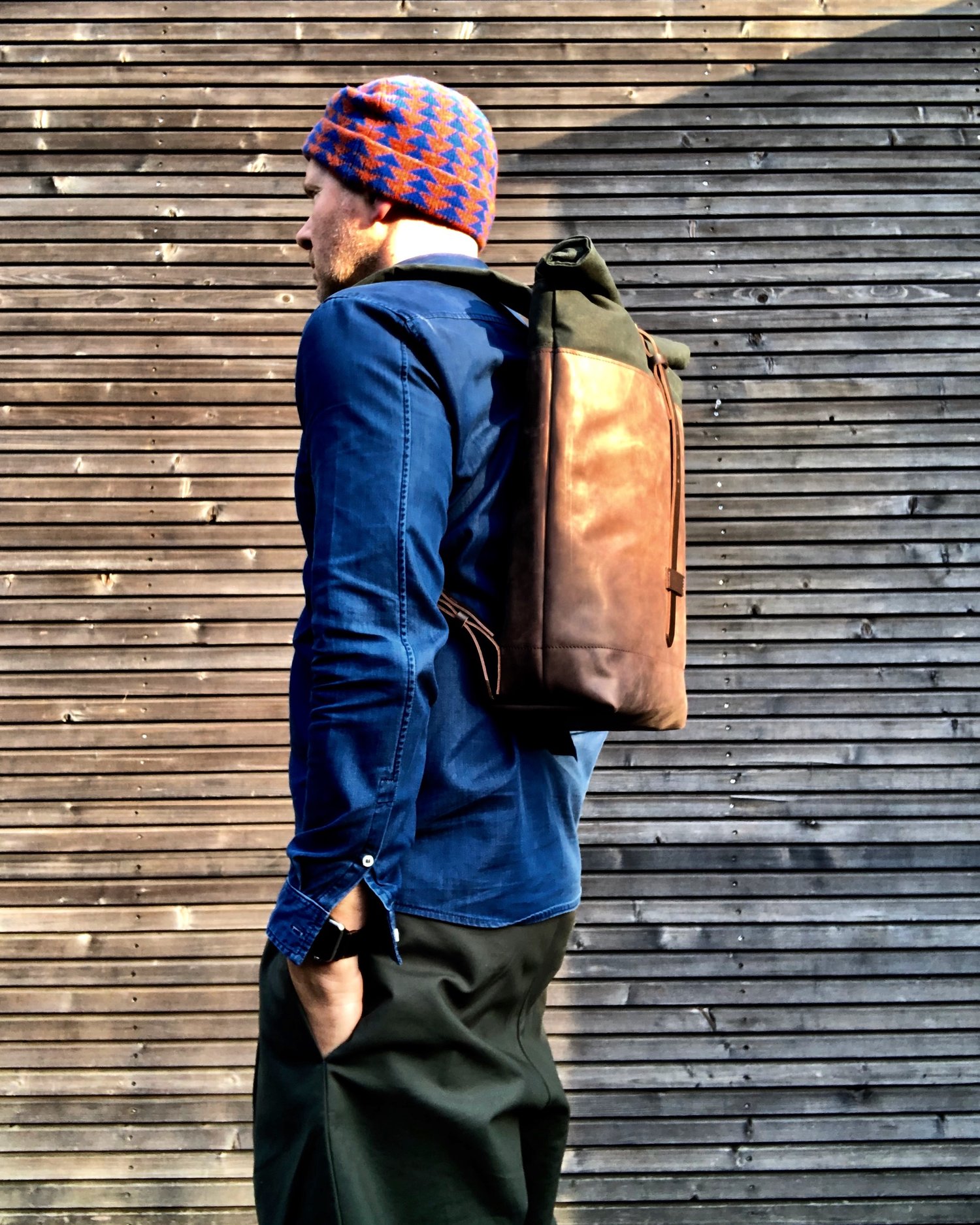 Image of Medium size, leather and waxed canvas backpack, with padded shoulder straps
