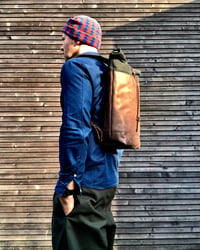 Image 3 of Medium size, leather and waxed canvas backpack, with padded shoulder straps