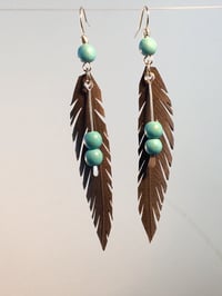 Image 2 of Feather with Hammered Turqouise Pin Bike Inner Tube Earrings 