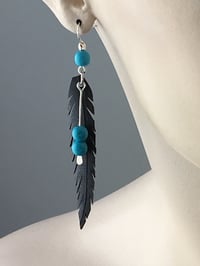 Image 1 of Feather with Hammered Turqouise Pin Bike Inner Tube Earrings 