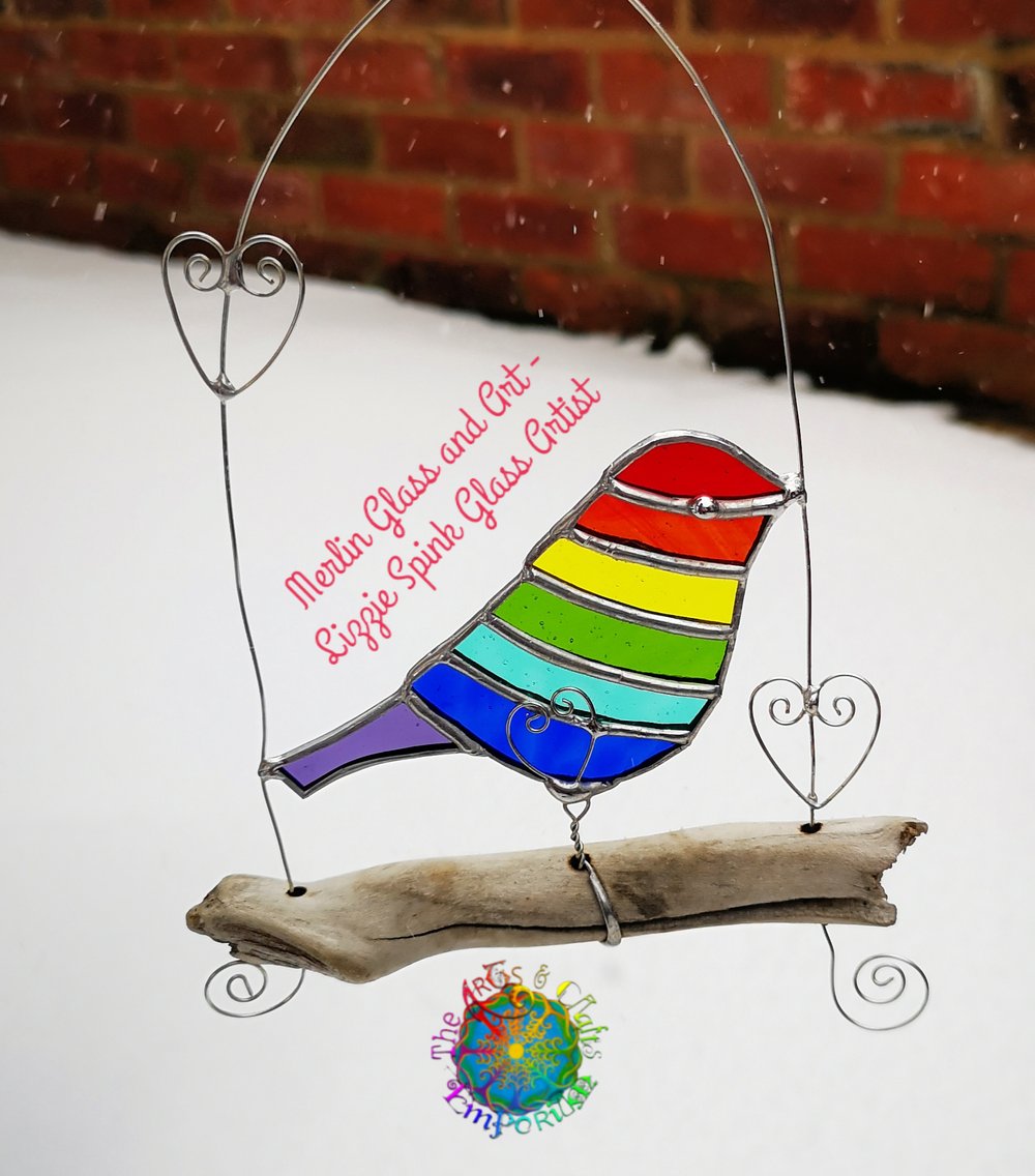 Image of Rainbow bird on Driftwood branch - Made to order