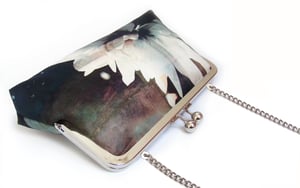 Image of White flower blossom, silk clutch bag with optional chain handle