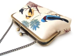 Image of Victorian birds, printed silk clutch bag + chain handle