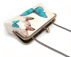 Image of Blue butterflies, silk clutch bag with optional chain handle