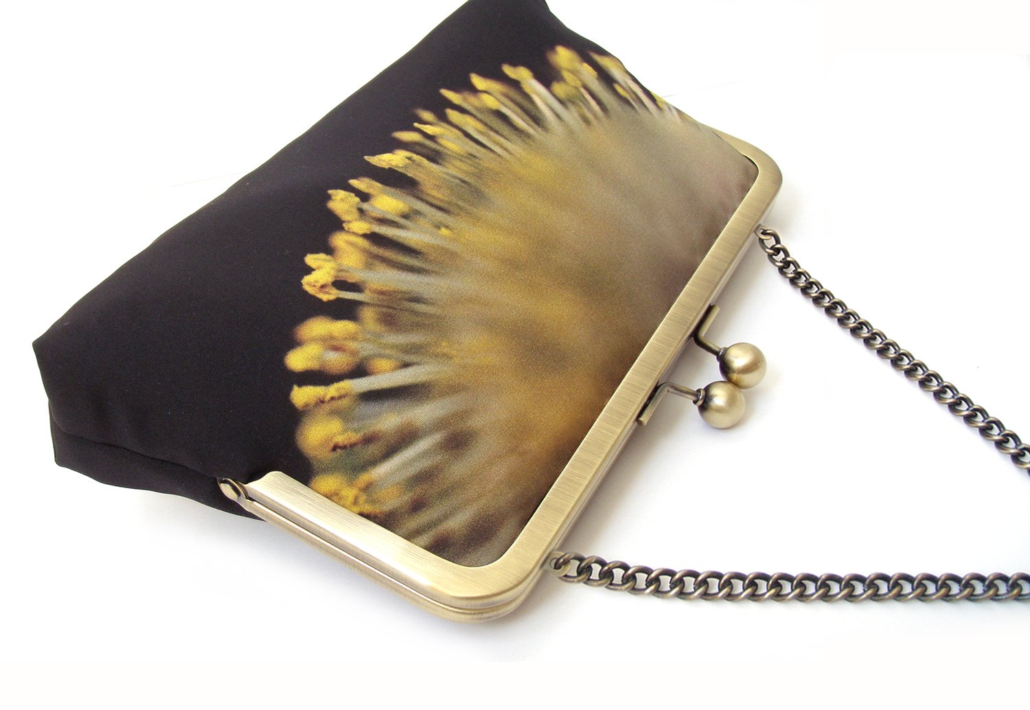 Yellow catkin printed silk clutch bag with chain handle Red Ruby Rose