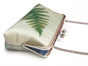 Image of Green fern, printed silk clutch bag +chain handle