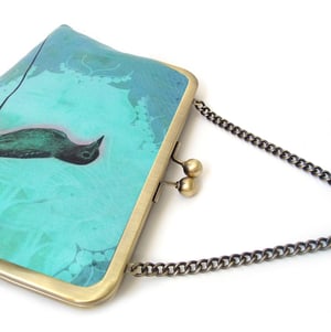 Image of Blue bird, silk clutch bag with optional chain handle