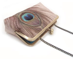 Image of Peacock Feather, printed silk clutch bag + chain handle