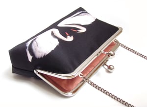 Image of White swans, silk clutch bag with optional chain handle