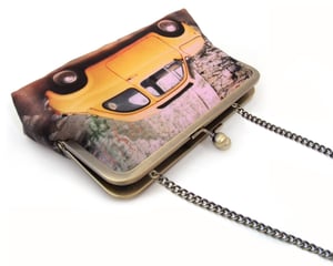 Image of Yellow Fiat car, printed silk clutch bag + chain handle