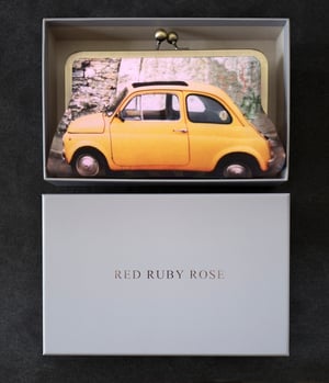 Image of Yellow Fiat car, printed silk clutch bag + chain handle