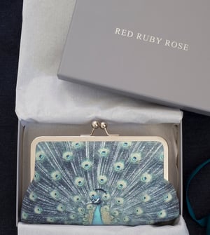 Image of Blue peacock, printed silk clutch bag with optional chain handle