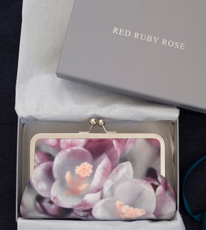 Image of Crocus flower, printed silk pink clutch bag + chain handle