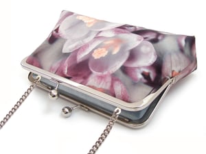 Image of Crocus flower, printed silk pink clutch bag + chain handle