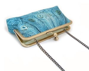 Image of Teal peacock clutch bag with chain handle