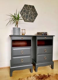 Image 1 of A rare pair of dark grey stag & mahogany bedside tables