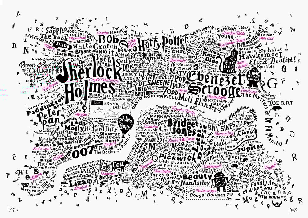 Literary Central London Map (black and fluoro pink screenprint)