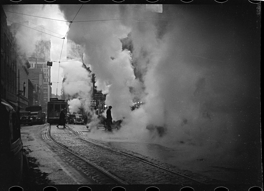 Image of Street cars and steam in Pittsburgh 1930s