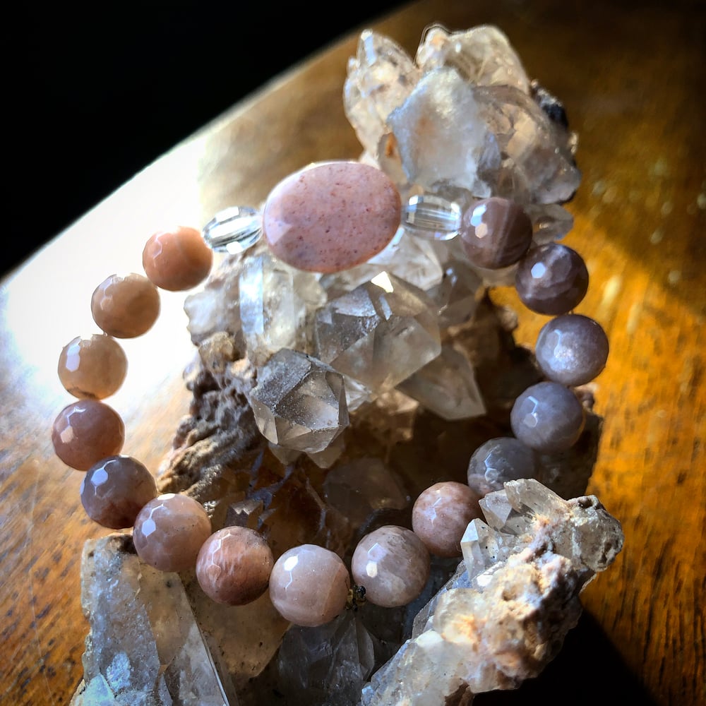 Image of Peach Moonstone with barrel faceted crystal quartz 