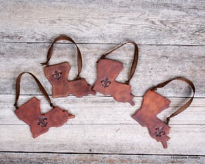 Image of Louisiana Ornaments Rustic Ceramic Clay with Fleur De Lis. Leather Look Ornaments. Rustic