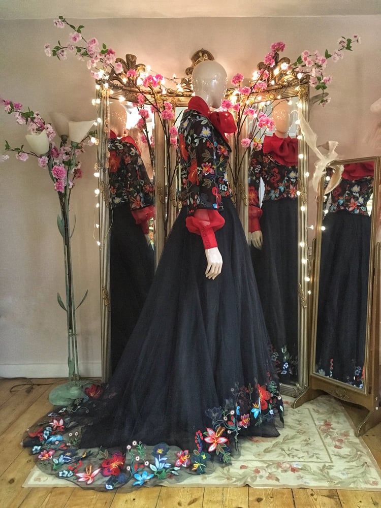 Image of SAMPLE SALE; vibrant embroidered flower 'Mariachi' ballgown skirt and fitted jacket, UK size 8