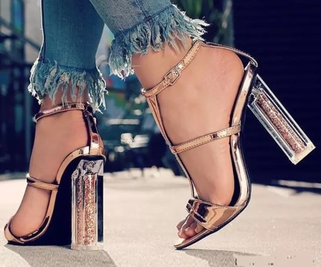 Wide Fit Rose Gold Glitter 2 Part Block Heel Sandals | New Look