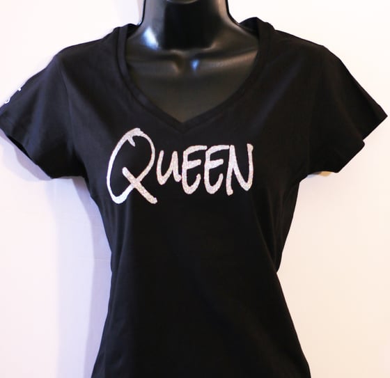Image of Queen Tshirt V Neck Baby Doll With Silver Glitter