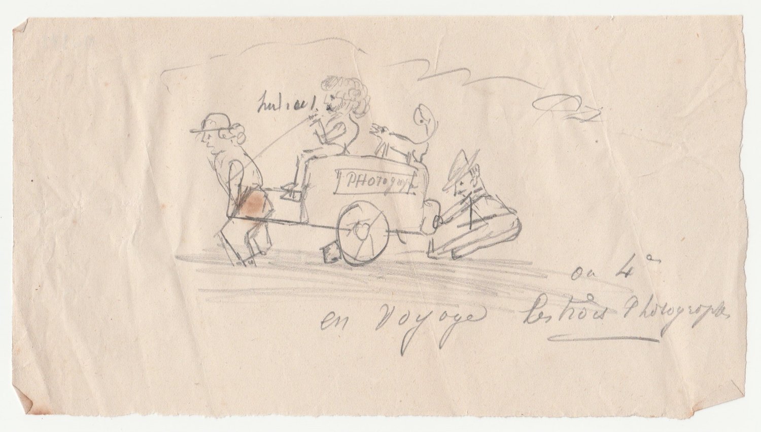 Image of Drawing in pencil: 'en voyage les trois photographes!' ca. 1870