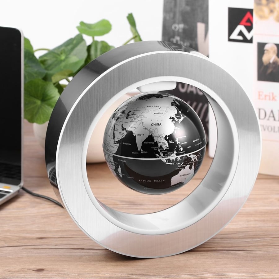 Image of GLOBE TERRESTRE LUMINEUX EN LEVITATION BASE O / NOIR - BLEU - OR