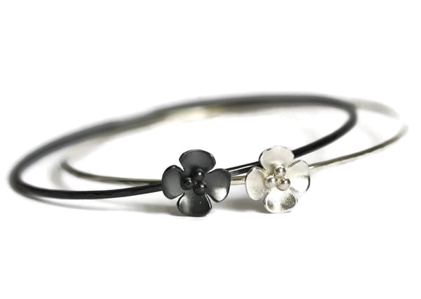 Image of Silver or Oxidised Flower skinny stacking bangle
