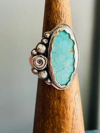 Image 3 of Number 8 Turquoise Ring with Sterling Roses And Pearls. Size 9